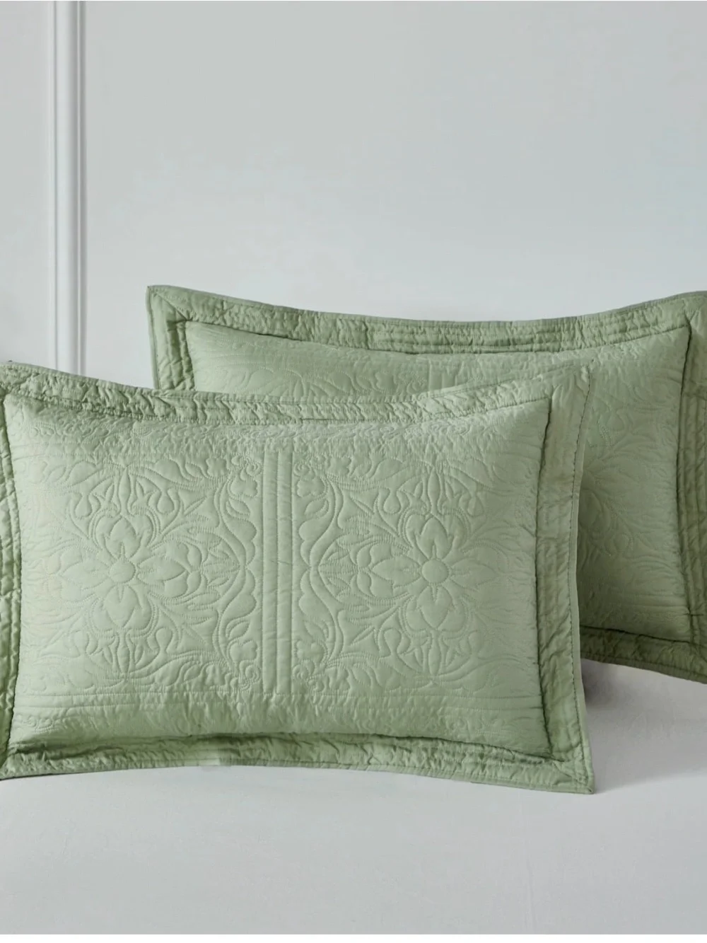 Embroidered Quilted Pillow Shams in Sage Green